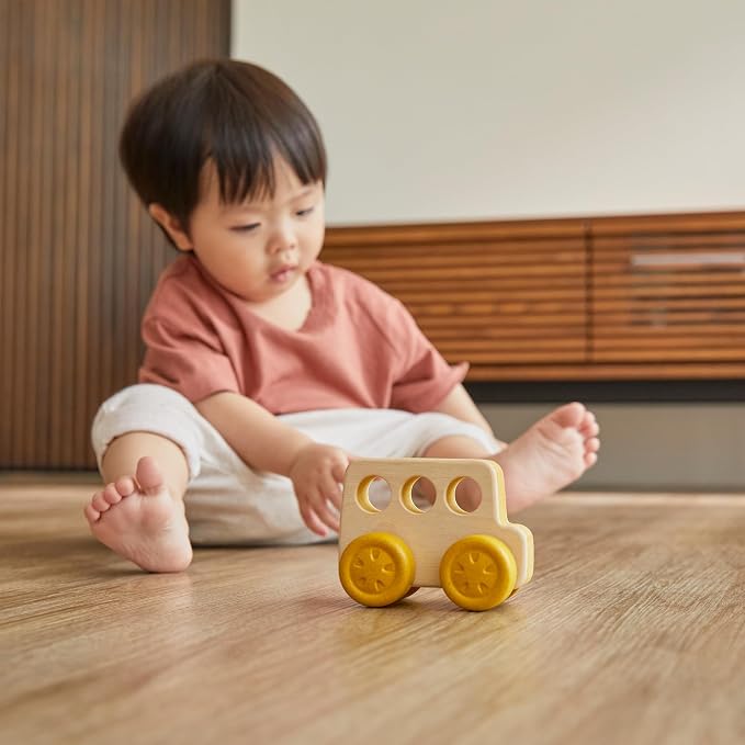 PlanToys® Wooden Timber Trail Bus | Montessori Push and Roll Toy for Fine Motor Skills, Coordination and Cause and Effect Learning | Eco Friendly Toy Vehicle for Imaginative and Active Play