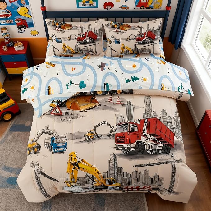 Holawakaka Trucks Tractors Cars Boy Bedding Comforter Set with Sheets, Twin Size Cartoon Construction Car Excavator Print Kids Bed in A Bag 5-Piece, Boys Reversible Dorm Bed Sets (Camel Twin)