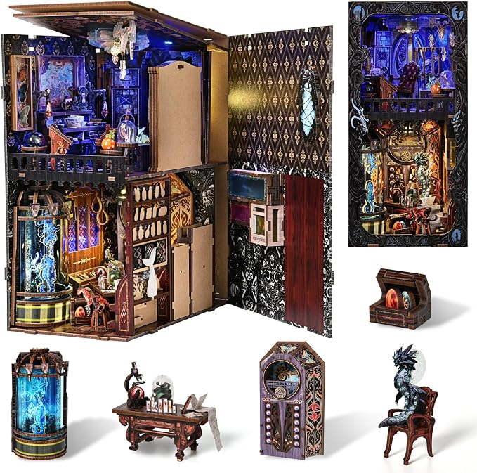Book Nook DIY Kit,Mysterious Creature Diorama 3D Wooden Puzzle with LED,Bookend Bookshelf Decoration,Miniature Doll House for Home Decor,Chamber of Stranger Beasts