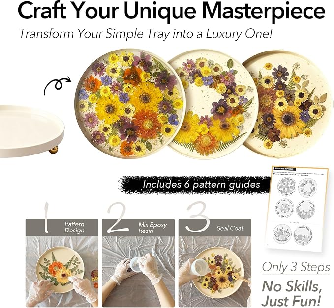 Auraeve All-in-One Resin Tray Craft Kit for Adults, Beige-Pro, 11.8" | 54Pcs Real Flowers, 13.5OZ Epoxy Resin, Metal Tray, Gift for Craft Lovers, Trinket Organizer, Décor