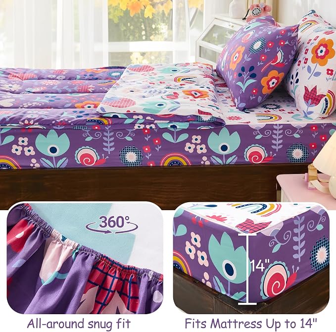 DJY Zipper Bedding Set Full, Purple Floral Bedding Sets for Girls, Kids Comforter Set with Fitted Sheet Pillowcases, All in One Zipper Bed Set for All Seasons