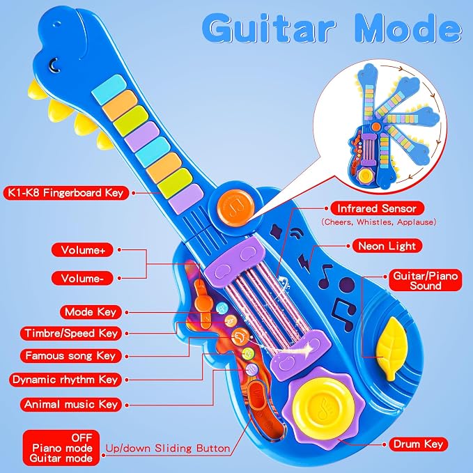 Dinosaur Kids Guitar 2-in-1 Musical Instruments for 3 4 5 Year Old Boys Girls Gifts, Toddler Electric Guitar Piano Toy with Strap & Dino Design (Blue)