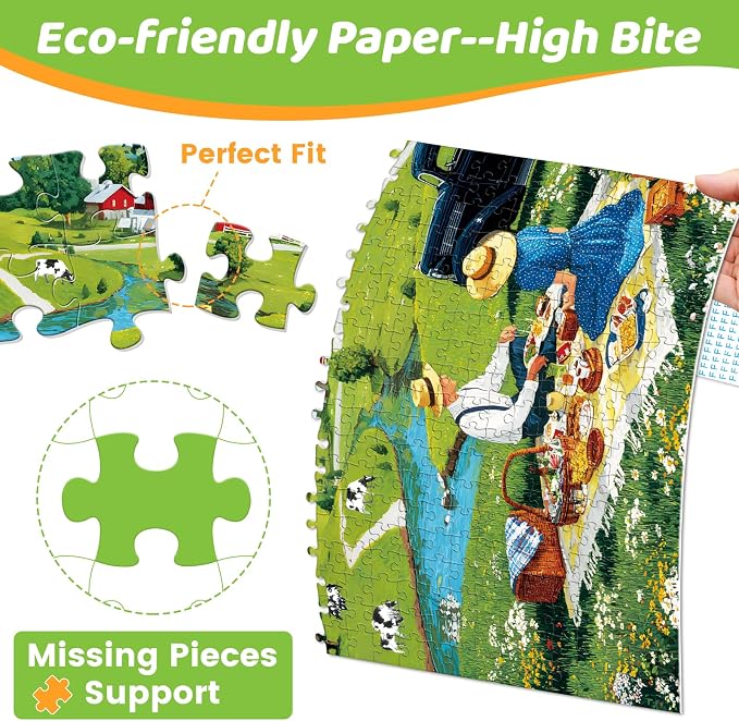 500 Piece Puzzles for Adults, Countryside Picnic Jigsaw Puzzle, Vintage Farm Landscape Puzzle with Lake,Barn and Cows, Rural Scenery Puzzle with Letters on Back, Fun Family Game Gift for Teens Seniors