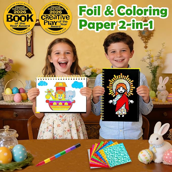 FUNNYB&G Foil Art Craft Kit for Kids 4-10 Years Old: Mess-Free & No-Glue, Create 16 Sparkly Christian Pictures – Perfect Travel Toy & Birthday Gift for Kids (Christian)