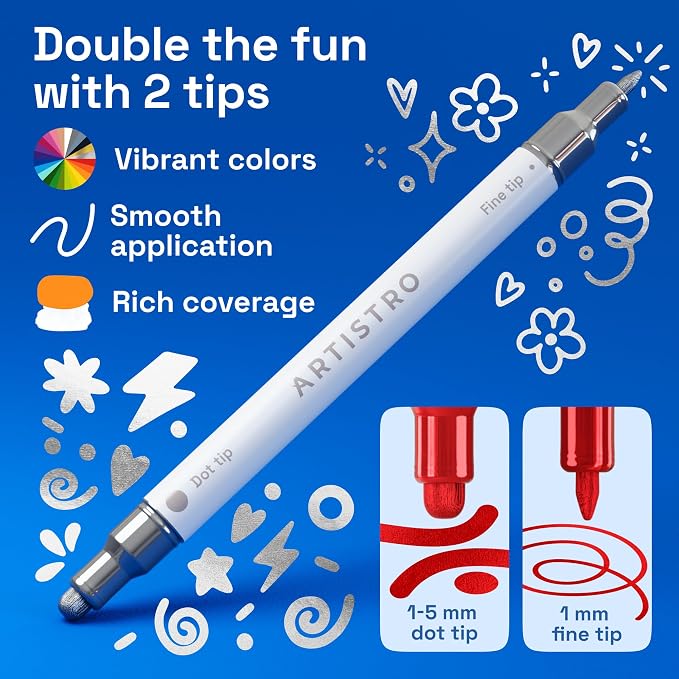 ARTISTRO 12 Metallic Dual-Tip Acrylic Paint Markers – Paint Pens Set with Dot & Fine Tips for Fabric, Rock, Glass, Wood, Coloring Books – Arts & Crafts Gift – Classroom Must Haves & School Supplies