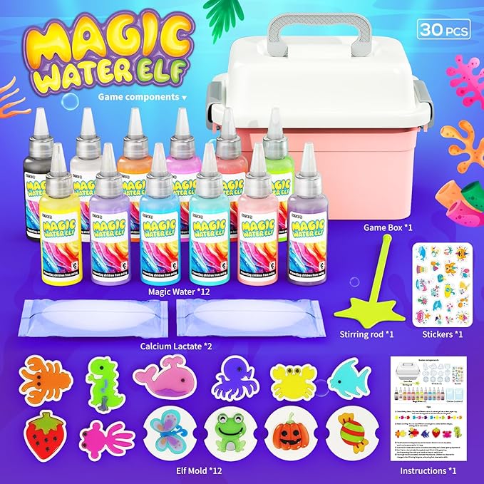 Magic Water Toy Elf Kit,Aqua Fairy Water Gel Kit 12 Magic Gels &12 Molds Make Your Own Water Pets,Toys for 4 5 6 7 Year Old Xmas Birthday Gifts Party Favors,DIY STEM Craft Kits Kids Toys Age 3+(Blue)