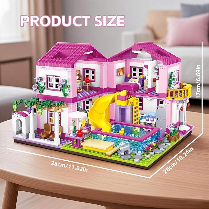 CSNRHG Pink Summer Pool Villa Building Block Set Friends Construction Educational Toy 1018 Pieces Gifts for Girls Teens Kids Adults Ages 6+