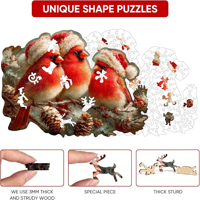 MEATRN Christmas Cardinal Wood Puzzles Adult – Three Baby Birds with Santa Hat, 480Pcs Wooden Jigsaw Puzzle for Festive Holiday Fun, Teens’s Party and Winter Activity 18.5"×13.5"