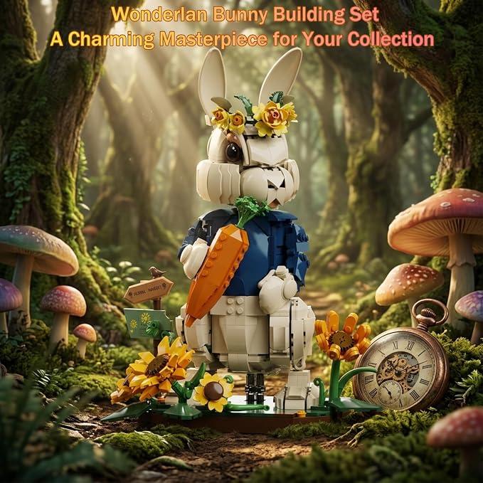 Wonderland Bunny Building Blocks Set, Compatible with Lego Flowers, Creator Cute Rabbit Toys with Carrot & Sunflower Display Base Creative Gift for Adults Home & Office Desk Decor (1258PCS)