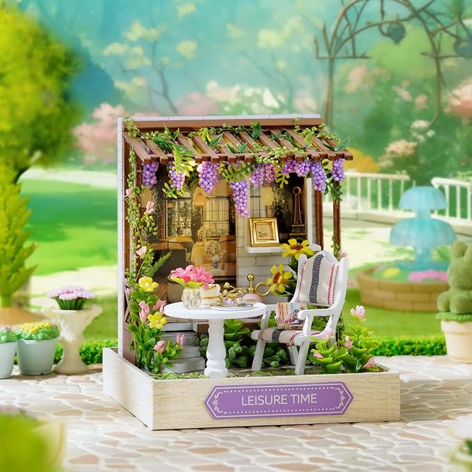 Miniature House Kit, CUTEROOM Tiny House Kit Wooden Dollhouse Kit Mini House Making Kit, DIY Dollhouse Kit Birthday Gift -Leisure Time