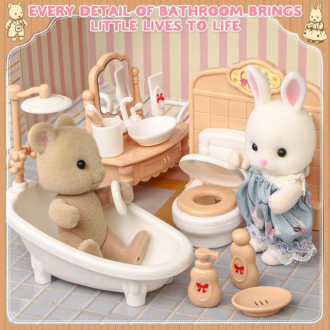 TUZT Suitcase Dollhouse Furniture Set for Kids, Mini Dollhouse Box with 2 Flexible Dolls and Bedroom&Bathroom Furnitures, Pretend Play Accessories Christmas Birthday Gift for Toddlers Ages 3+