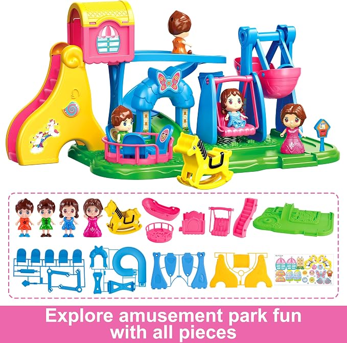 XDUOYJOY Doll House Playground Playset with 4 Toy Figures, Slide, Swing, Rocking Horse, Pirate Ship, Dollhouse & Doll Accessories Pretend Play Fun for Kids Ages 3+