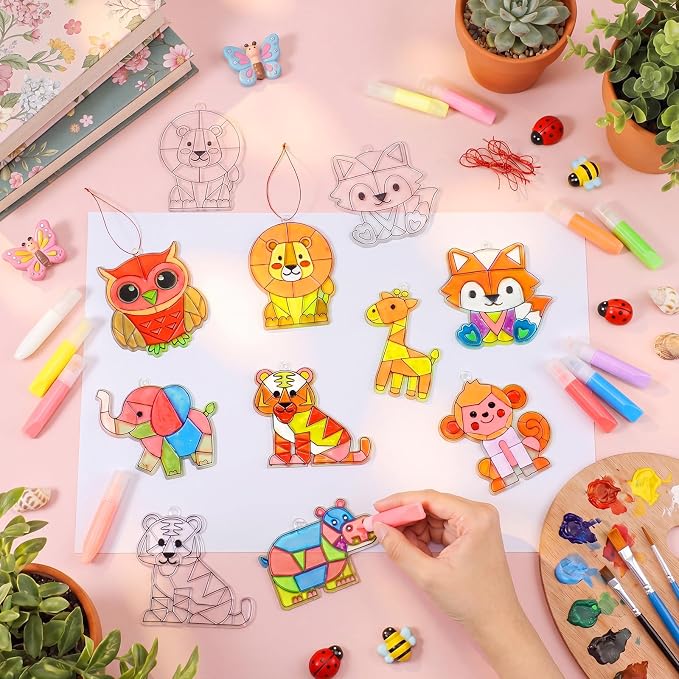Blueweenly 36 Pcs Jungle Animal Suncatcher Kits 24 Pcs Jungle Animals Suncatchers Painting Crafts 12 Colored Paints Suncatcher Decoration Window Paint Art Sun Catchers Gift Art Project