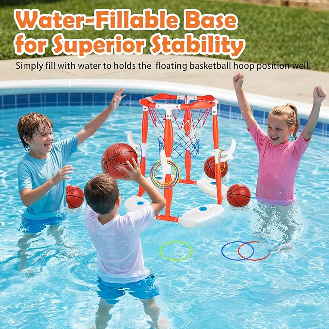 Pool Basketball Hoop, 2-in-1 Floating Pool Toys 360° Shooting Ring Toss Games with 4 Balls 12 Rings & Pump, Indoor Outdoor Swimming Pools Basketball Water Play Toy for 4-8 8-12 Kids Adults