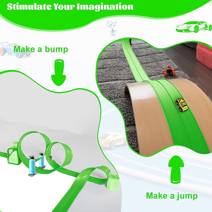 Flexible Race Car Track for Kids Toy, 19Ft Portable Two‑Lane Racing Starter Set, Wall Mount Suction Cups Magnets Hooks, Compatible for Vehicles up to 1/64th Scale-Green