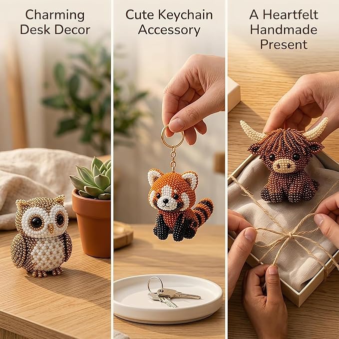 Temiaode 3D Beaded Animal Kit, 4 Pack DIY Bead Craft Set for Adults, Highland Cow Owl Red Panda Deer Beading Kit with Instructions, Creative Hobby Craft Gift for Animal Lovers