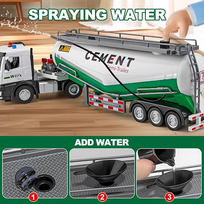 HAPYAD Diecast Semi Truck Toy, Big Tractor Trailer for Boys Toddlers, 18.2" | Large Tanker Truck, Metal Cab, Lights and Sounds, Working Water Pump, Friction Powered Truck and Trailer Toys for Boys Kids