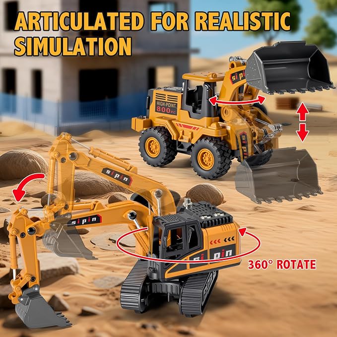 Kids Construction Toy Set Metal Cab, Semi Truck, Excavator, Bulldozer, Die-cast Engineering Construction Vehicles Truck Toys with Lights & Sounds, Ideal Gift for 3 4 5 6 7 Years Old Boys Toddlers