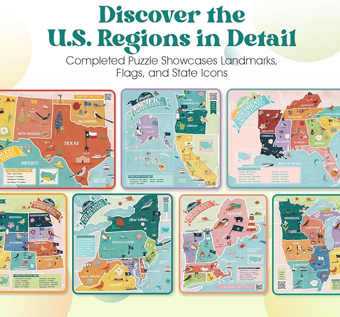 Geotoys USA Regional Jigsaw Puzzle Bundle - Set of 7 Jigsaw Puzzles for Kids Ages 8-12 - 250 Piece Puzzles for Kids Featuring New England, Midwest, Pacific & More – Regional US Map Puzzle with Flags