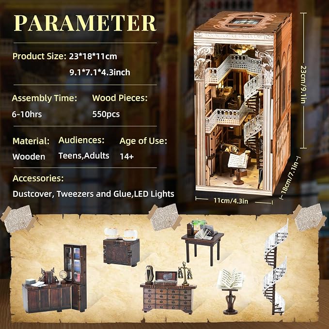 CCCDF Book Nook Kit Library, DIY Miniature House Kit, 3D Wooden Puzzle Dollhouse Kit for Adults and Teens, Bookshelf Booknook with LED Light (Law Library)