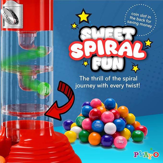 Playo 10.5" Gumball Machine for Kids, Spiral Style Candy Dispenser for Gifts, Parties or Events - Bubblegum Machine w/Gumb Balls Included (Red)