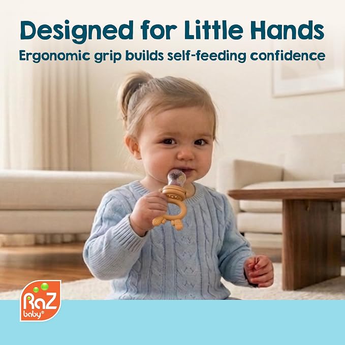 RaZbaby Baby Solids & Frozen Fruit Feeder Pacifier, Infant Teether Toy 6M+, BPA-Free Silicone Pouch & Nipple, Safely Introduce Solids, Natural Teething Relief, Dishwasher Safe, Freezable – Deer