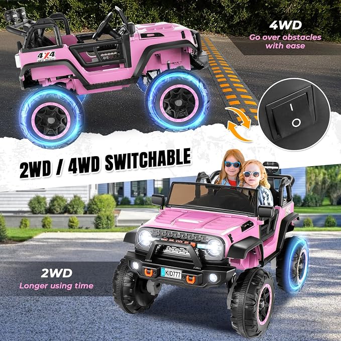 Hikole 24V 4WD/2WD Electric Kids Car with 4x4 Powerful Engine, Remote Control, Spring Suspension, Music, 2 Seater Electric Kids Ride on Truck W/20 Extra Wide Seat, Colorful LED Lights, Pink