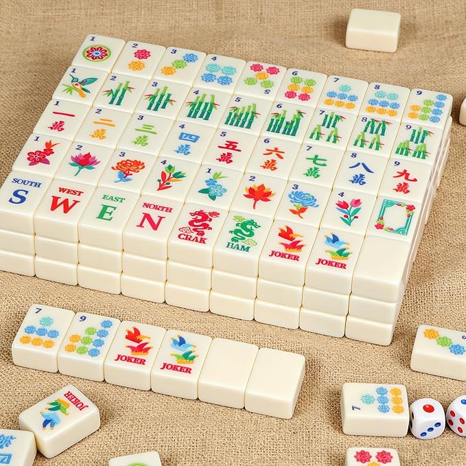 166 American Mahjong Tile Set with Storage Bag & Dice, 1.2" Mini White 3D Engraved Melamine Mahjong Tiles for Adults, Friends and Family Game Night, Travel Size Chinese Game Gifts