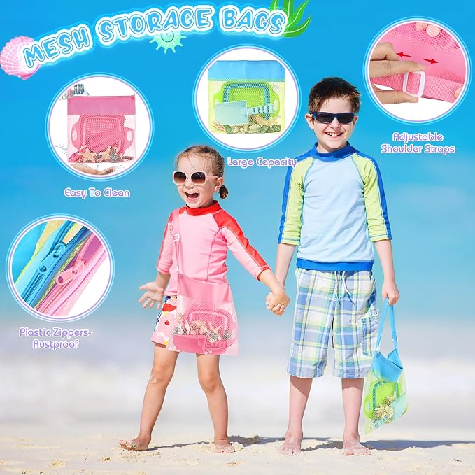 EULRGAUS Beach Sand Toys, 2 Collapsible Sand Sifters, 2 Beach Shovels, 2 Mesh Beach Bags, Shark Tooth Sifter & Shell Collecting for Kids Boys and Girls, Beach Essentials for Family