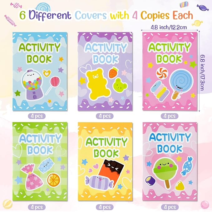 Candy Activity Books for Kids - 24Pc Coloring Book Set with Mazes, Word Scramble Games & Mini Books for Birthday Party Goodie Bags & School Classroom Favors