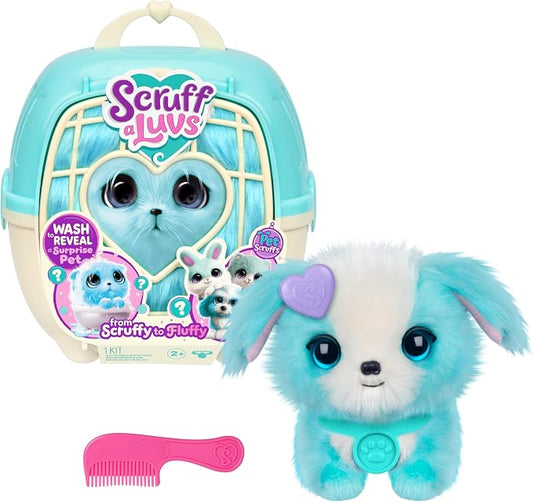 SCRUFFALUVS Blue Surprise Pet, Mystery Plush Toys, Stuffed Animals, Wash to Reveal 1 of 3 Rescue Surprise Toy Pets: Puppy, Bunny, or Kitty - Includes 8.7" Deluxe Carrier - Styles May Vary