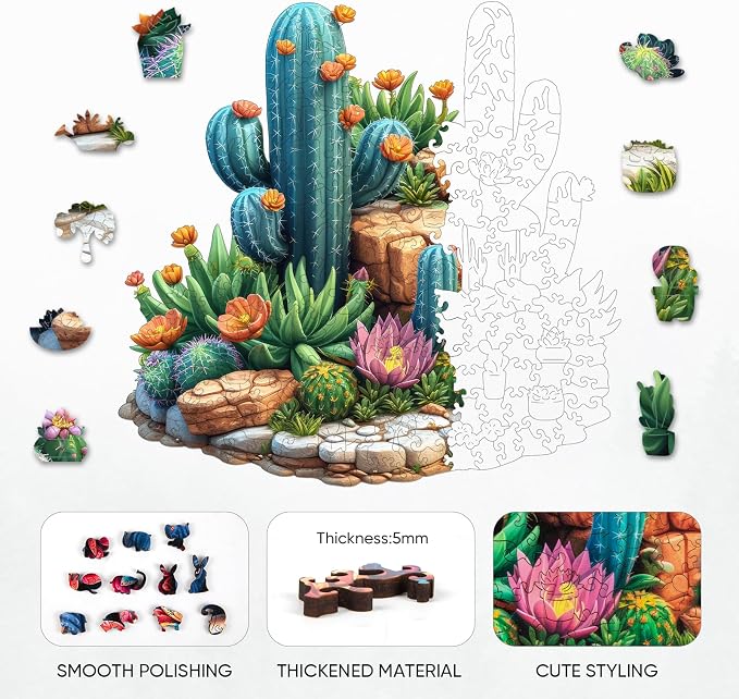 Delobil Succulent Cactus Wooden Puzzles for Adults, 200 Pieces Jigsaw Puzzles, Unique Shaped Medium Size Liberty Wood Puzzle Gift for Adults and Kids, Family Game 11.2'' x 10.8''