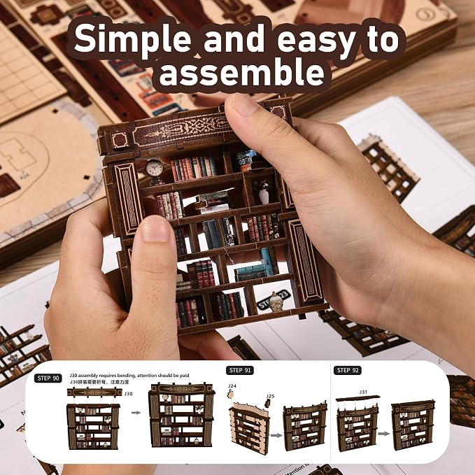 DIY Miniature House Kit,3D Wooden Puzzle Dollhouse Kit Retro Double-Decker Library Tiny House Model Kit to Build Bookend Decor,Gift for Adults Teens -Dreamy Book Hall