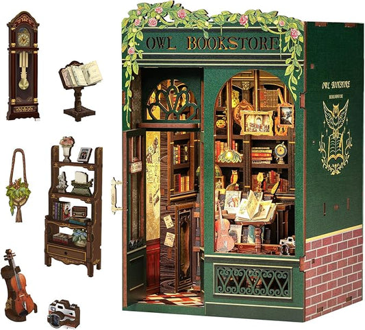 CUTEBEE Book Nook Kit - DIY Miniature House Dollhouse Kit for Adults, Booknook Tiny House Bookshelf Decor 3D Wooden Puzzle, Gifts for Family and Friends (Owl Bookstore)
