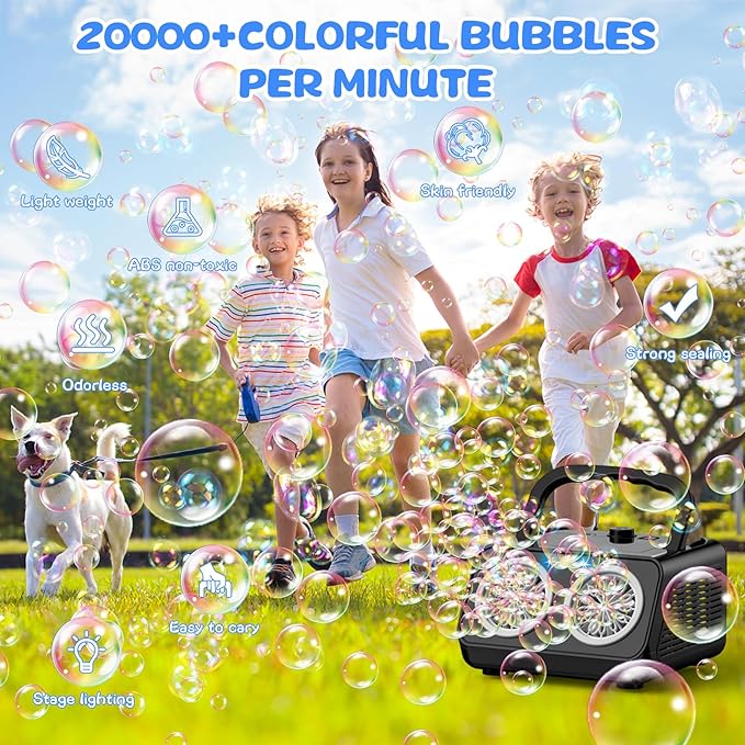 SHCKE Automatic Bubble Machine with 2 Fans,20000+ Bubbles/Min | Dual power USB-C/AA, No-Leak Sealed Bottle,Portable Bubble Maker for Pool, Wedding, Camping, Birthday Parties