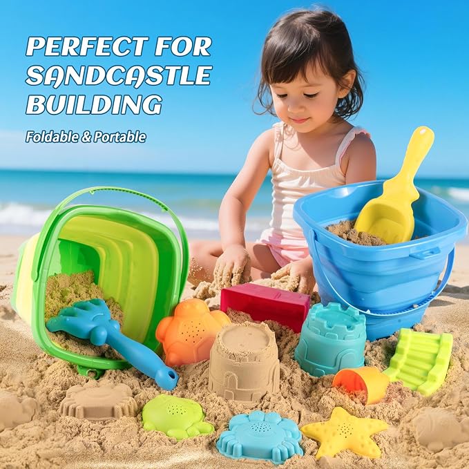 Collapsible Beach Toys for Toddlers Kids – 2 Foldable Sand Buckets Shovel Rake, 8 Sand Molds & Castle Building Kit, Mesh Bag – 13-Piece Travel Sandbox Toy Set Ages 3-12