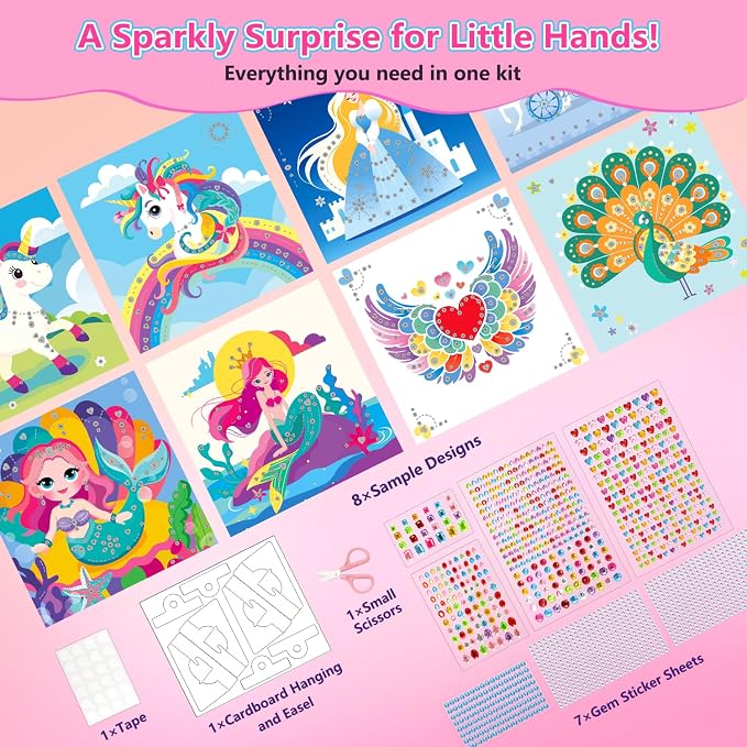 Marlrin Unicorn & Princess Diamond Art Kit for Kids Ages 3-8,Easy Arts and Crafts with 1000+ Gem Stickers,Gem Art Christmas Birthday Easter Gift for Girls 4-7