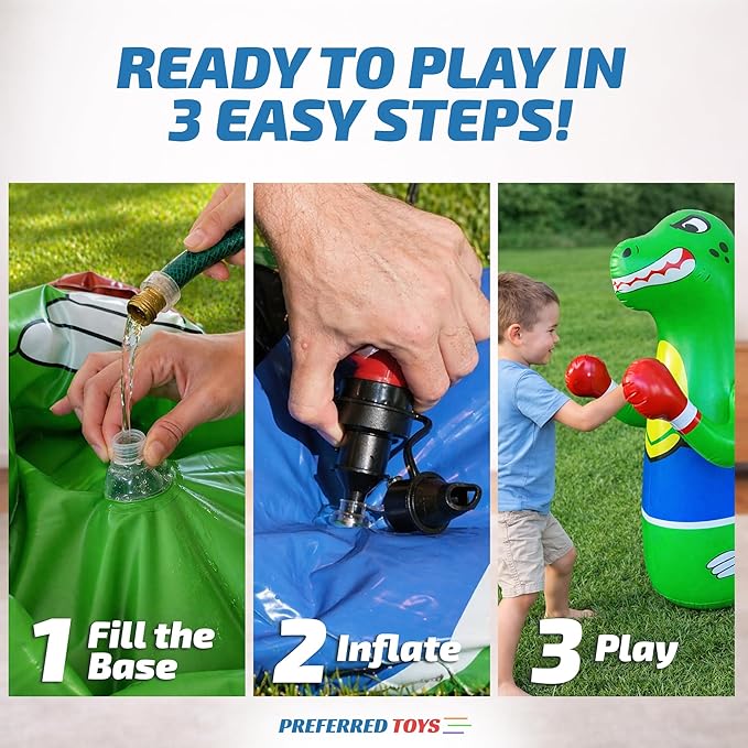 Preferred Toys 47" Inflatable Dinosaur Punching Bag for Kids - Durable Blow Up Kids Punching Bag with Bounce Back Base - Inflatable Indoor Outdoor Active Toddler Bop Play Toy