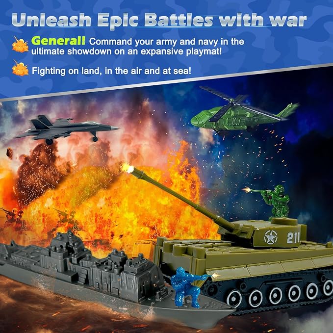 TALGIC Army Men Playset - Large Set Including Army Men Action Figures, Battle Mat, Army and Navy Weapon Gear Accessories, Military Combat Toys, Army Toys for Boys Age 4-12
