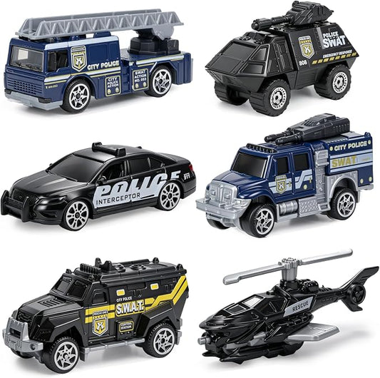 6 Pack Diecast Police Car Toy Set, Mini Alloy Models Police Car Toys for Boys 3-5 6 7, Armored Vehicle, Bulletproof Car, Rescue Truck, Military Helicopter, Armed Car Police Toys Kids Birthday Gift