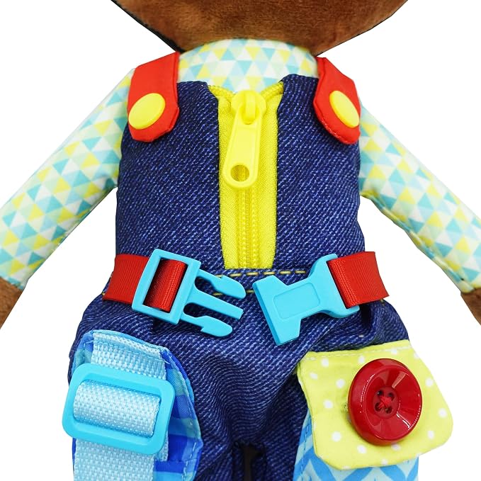 June Garden 15.5" Dressy Friends Isaiah - Educational Stuffed Plush Doll for Kids and Toddlers 2 Years and Up - Montessori Buckle Soft Toy