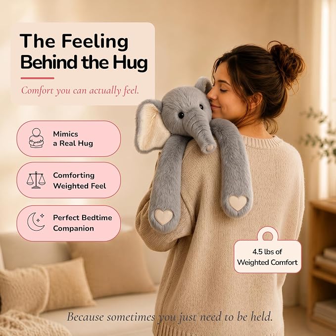 Huggle Healers Weighted Stuffed Animals for Adults, Teens and Kids - 36 Inch Long Plush Arms for Hugs - 4.5lb Elephant Stuffed Animal Plushies - Hathi Elephant