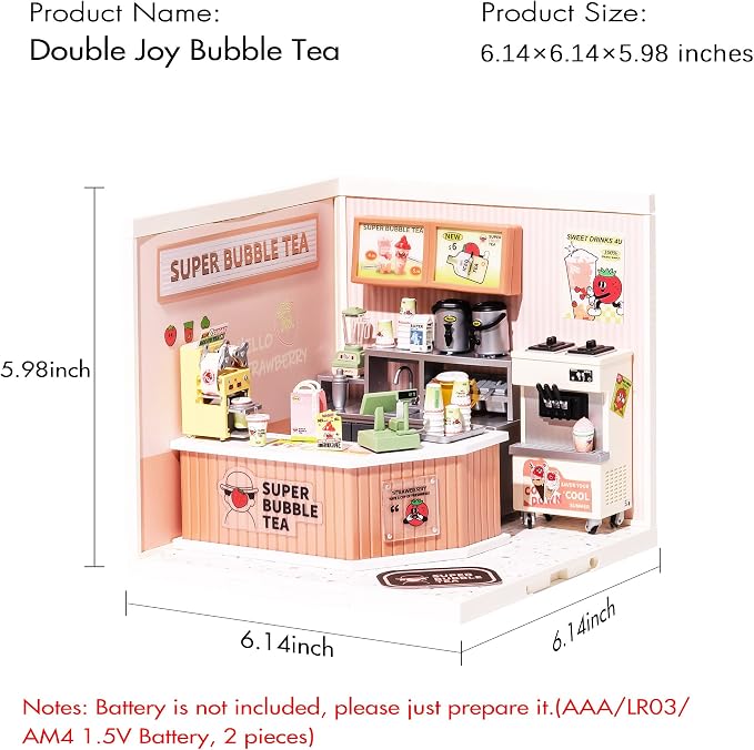 Rolife Super Creator DIY Miniature House Kit, Blind Box Display Home, No Glue Plastic Click-Assembly Stackable Room Box Toy with Type-C LED Light (DW006 Double Joy Bubble Tea)
