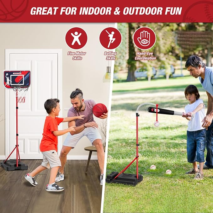 HYES 4 in 1 Kids Basketball Hoop and Tball Set for Toddlers 3-5, Adjustable Hanging Tee Ball Stand with Automatic Baseball Pitching Machine, Indoor Outdoor Sport Toys Birthday for Boys