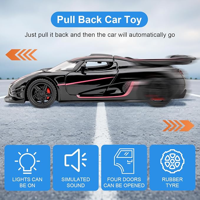 1:32 Scale Car Model Compatible for Collectible ONE1 Toy Vehicle, Zinc Alloy Pull Back Toy Car with Sound and Light for Kids Adults, Birthday Gift Black