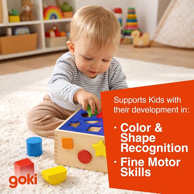 Goki Wooden Shape Sorting Cube for Toddlers 1-3 I 12 Shape Sorter Blocks, Montessori Learning Toy, Color Sorting & Fine Motor Skills Activity Cube