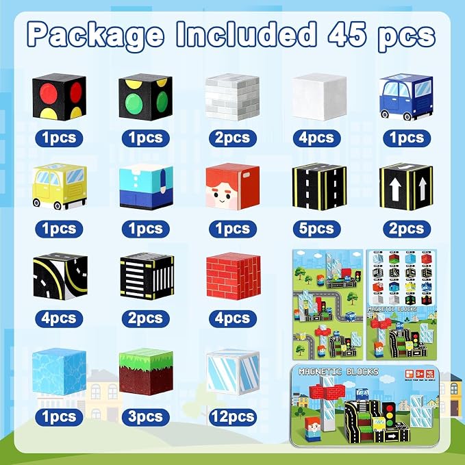 QOUBAI 45PCS Mini Magnetic Blocks Travel Toys, Magnet Building Cubes Tiles Set with Portable Iron Case, Learning Activities Gifts for Kids Toddlers Boys & Girls Ages 3-8 (Traffic Road)