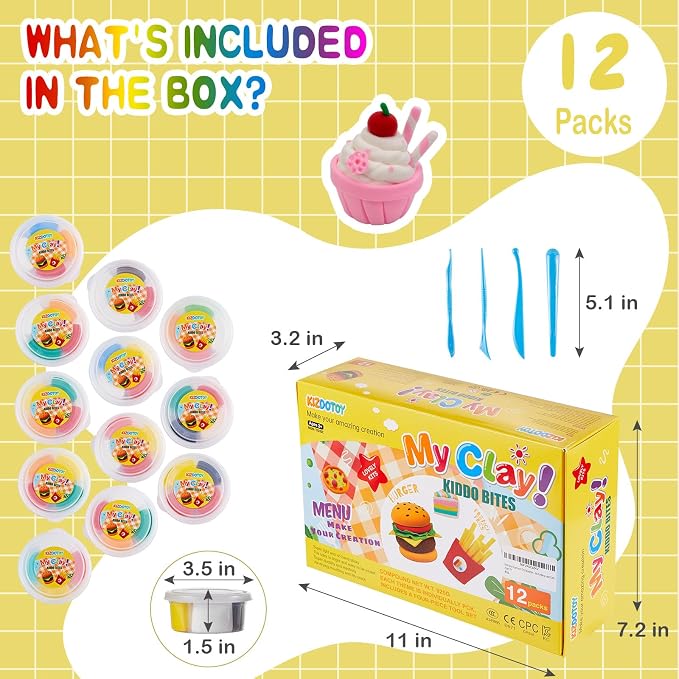 Food Clay Kit for Kids – 12 Mini Food Themes: Pizza, Burger, Fries & More | Air Dry Modeling Set with Tools & Tutorials | Non-Sticky | Creative Gift for Boys Girls 3+