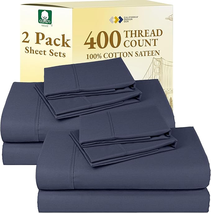 California Design Den Pack of 2 King Size Sheet Sets - 400 Thread Count 100% Cotton Sateen - Soft and Breathable Sheets, 2 Sets of Deep Pocket Bed Sheets - Indigo Dusty Blue