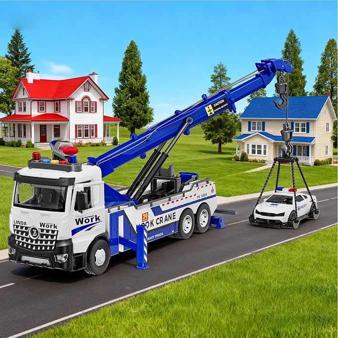 Crane Tow Truck Toy for Car Truck Rescue Police Pickup Road Clearance Vehicle Construction Vehicles Lights Sounds Christmas Birthday Easter Gift for Kids Boys 3 4 5 6 7 8 Years Old Double Hook